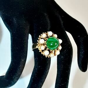 Vibrant Central Green Cabochon Faux Pearl Halo Gold Tone Prong Set Size 7